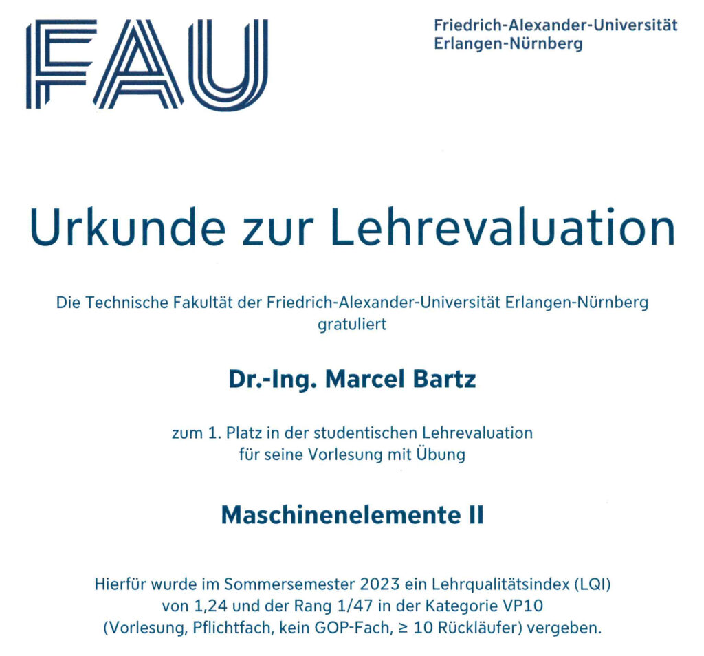 Certificate for the excellent teaching of machine elements.