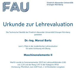 Certificate for the excellent teaching of machine elements.