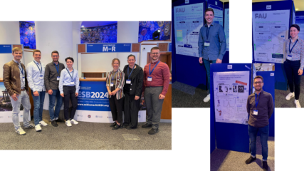 The conference participants of the KTmfk with colleagues from the Collaborative Research Center EmpkinS (from left): Jörg Miehling, Julian Shanbhag (2nd picture from left with poster), David Scherb (3rd picture from left with poster), Iris Wechsler (4th picture from left with poster)